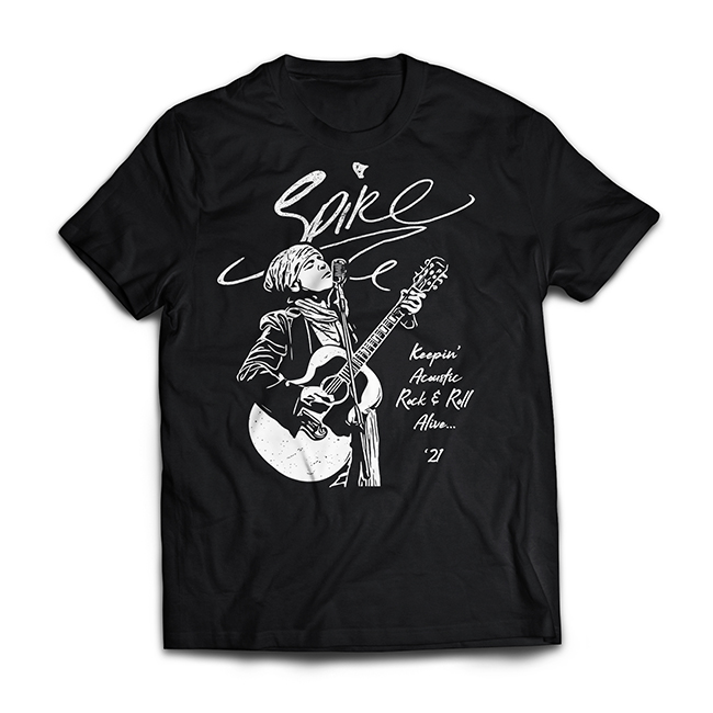 Black t shirt with a graphic of Spike, Spikes logo/signature and 'Keepin' Acoustic Rock & Roll Alive 21'