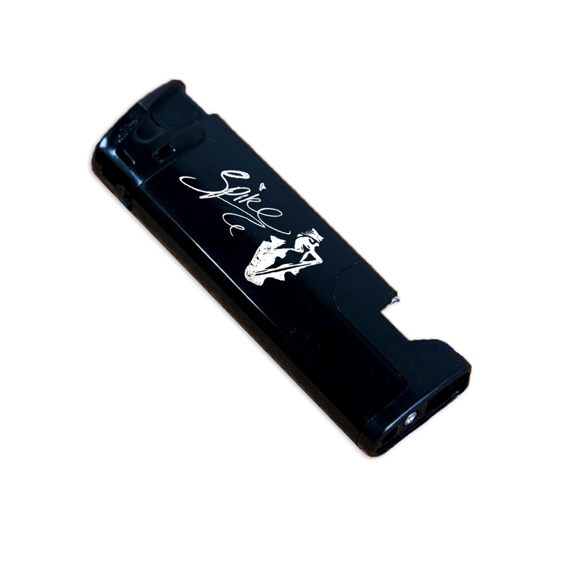Spike bottle opener/lighter, black with white graphic of spike singing and logo