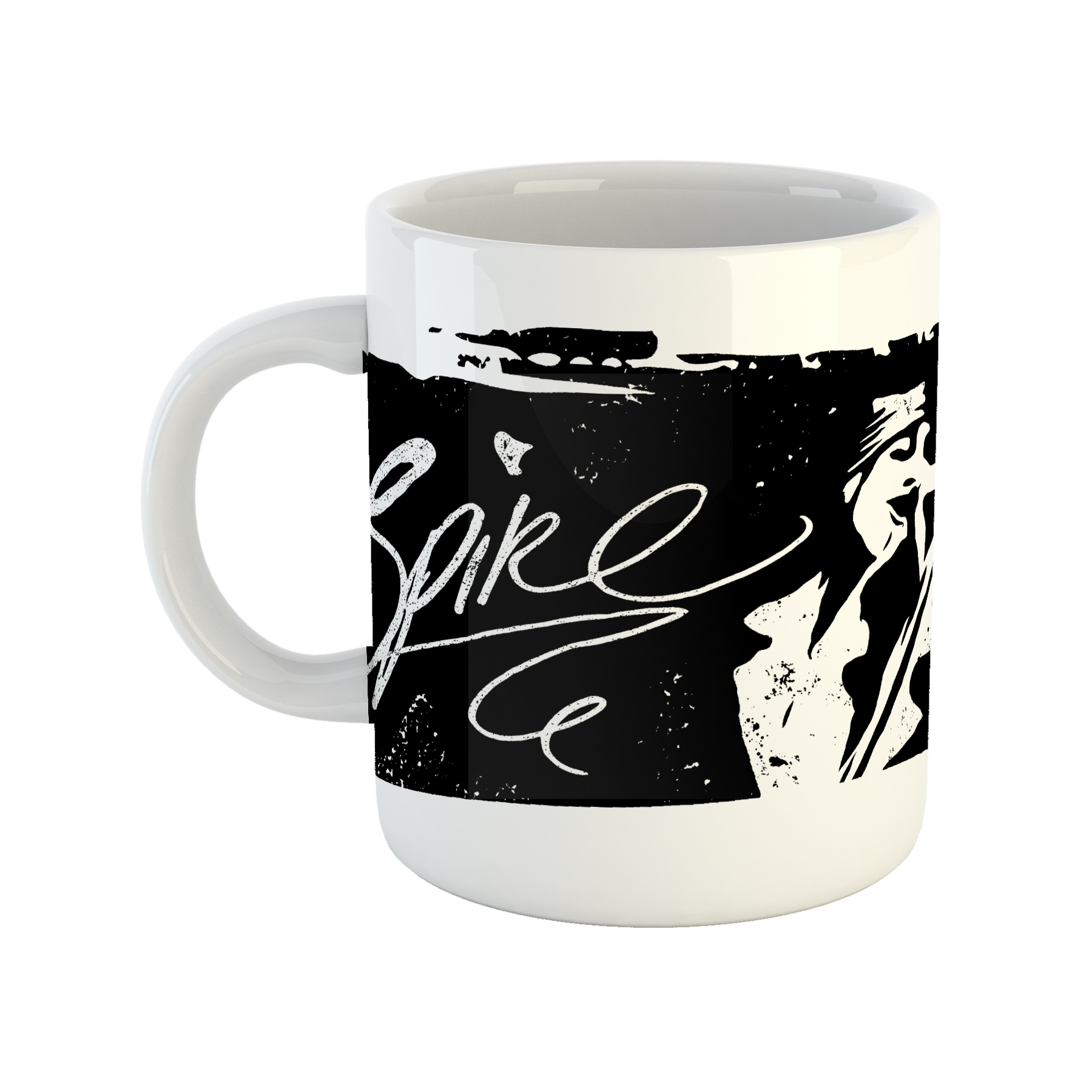 Spike mug, black with white graphic of spike singing and logo