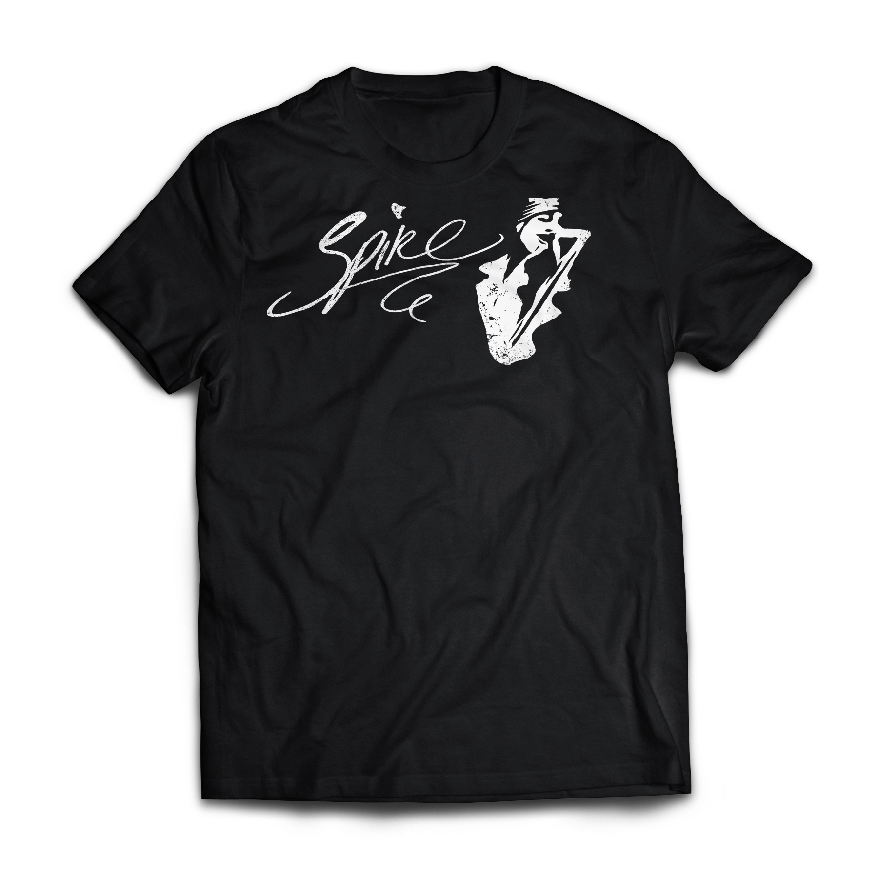 Men's t-shirt, black with white graphic of spike singing and logo across the chest