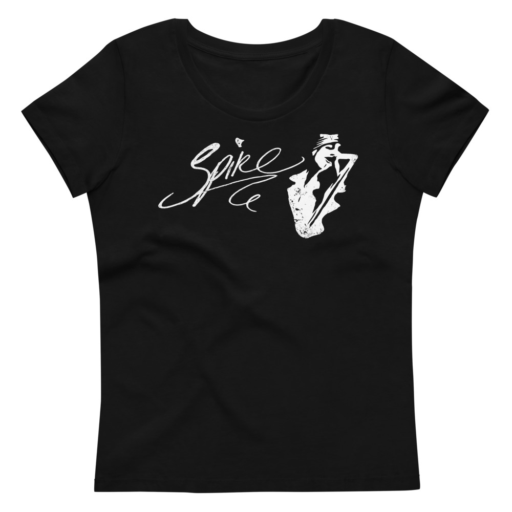 Women's t-shirt, black with white graphic of spike singing and logo across the chest