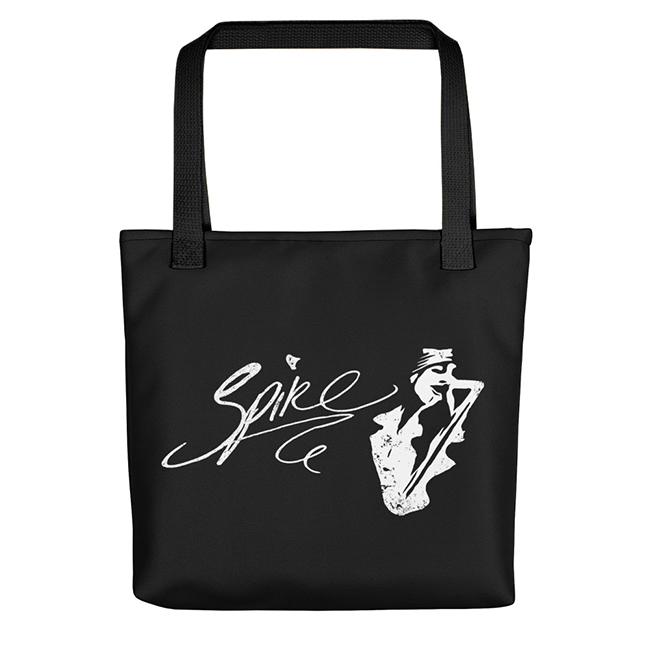 Black tote bag with white Spike image and logo graphic
