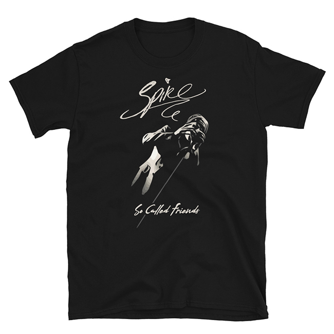 Black t shirt with image of Spike singing - in graphic style
